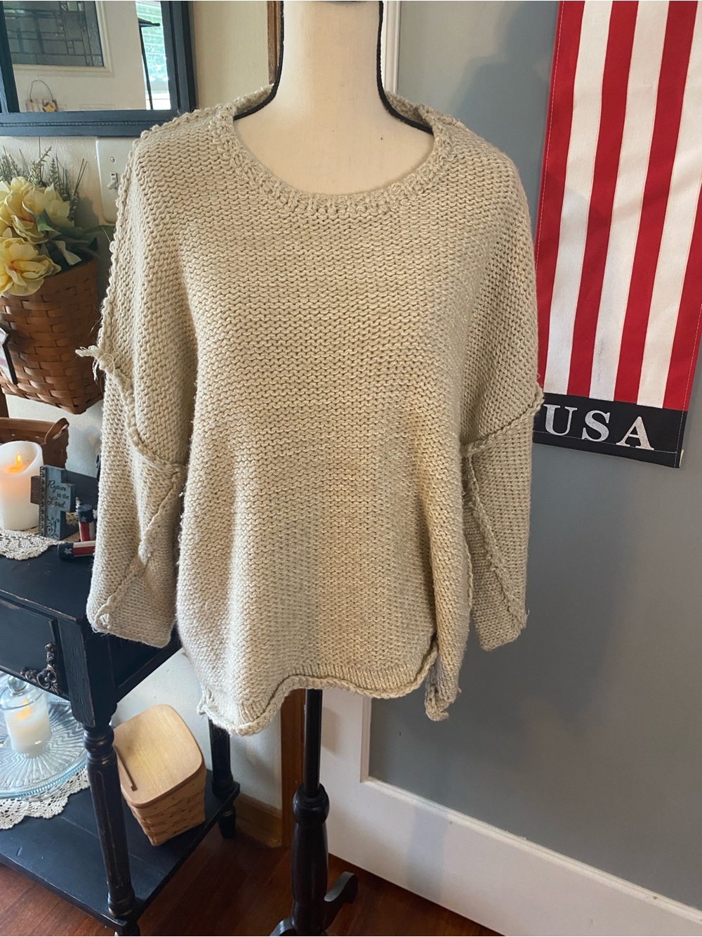 Cozy Open-Stitch Crewneck Sweater in Light Beige
